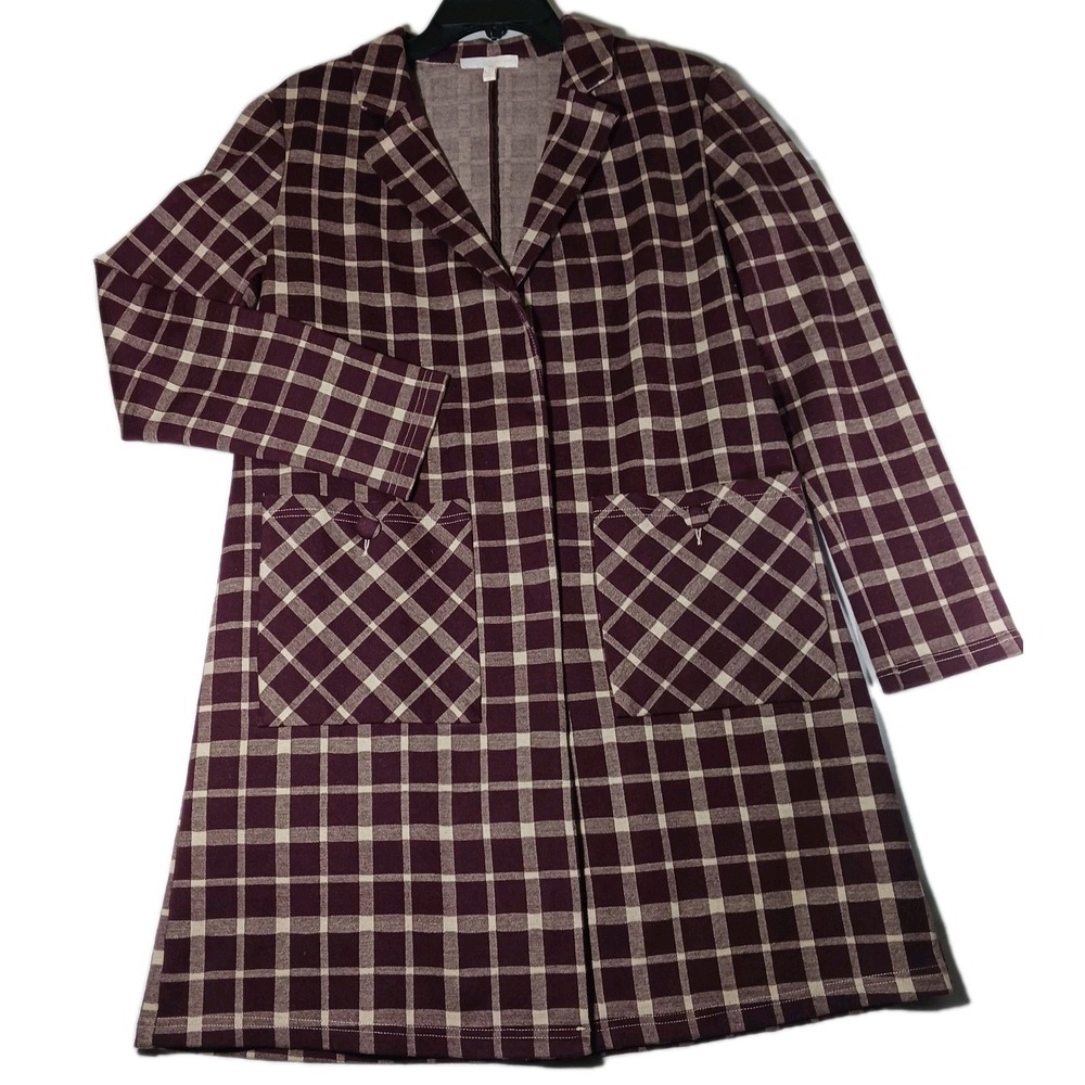 Harlyn Women's Maroon and Tan check Knee length Jacket Sz M with Lg. Pockets
